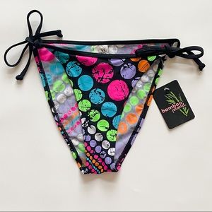 Bamboo Island Polka Dot Print Side Tie Bikini Bottoms NWT Medium Black Pink
